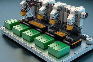 interiör av industri fabrik, robot hopsättning linje med elektrisk bil batteri celler modul på plattform. generativ ai foto