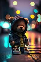 leksak söt Björn i kläder jacka och gymnastikskor på gata bakgrund med neon belysning, generativ ai foto