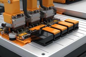 interiör av industri fabrik, robot hopsättning linje med elektrisk bil batteri celler modul på plattform. generativ ai foto