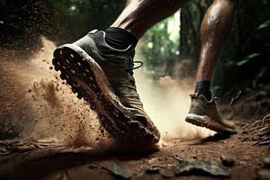 närbild på de löpare fötter är löpning på de smuts rutt på de djungel, gata och väg. spår löpning sport verkan och mänsklig utmaning begrepp. generativ ai foto