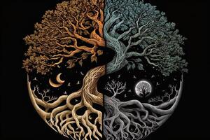 ying yang begrepp av balans yggdrasil träd av liv Nordisk mytologi. balans begrepp. generativ ai foto