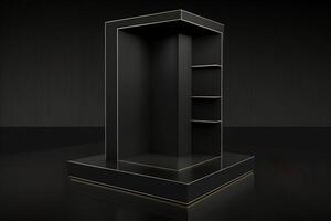 generativ ai svart bakgrund och produkt podium stå studio. elegant svart kub stå för produkt placering mockup. minimal låda plattform utställningslokal med fläck ljus. foto