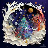 papper skära quilling flerdimensionell, papper skära hantverk, papper illustration, jul träd och färgad lampor, vin, stjärnor, tunnel, komet, utsmyckad, olja, jul, santa claus, snö, duvor foto