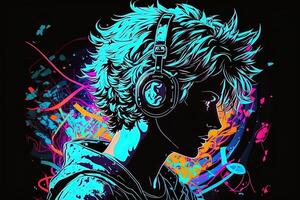 generativ ai ett neon gamer anime mode pojke eller man bär hörlurar, förlorat i hans musik. abstrakt bakgrund den där framkallar de känsla av annorlunda genrer av musik. baner musik begrepp foto