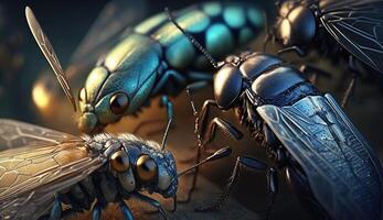 insekter flyga, mygga och kackerlacka närbild, makro entomologi. ai genererad. foto