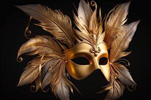 venetian karneval mask. guld Färg, färgad fjädrar. Lycklig karneval festival, attribut av de brasiliansk karneval. venetian karneval mask och pärlor dekoration. mardi gras bakgrund. generativ ai foto