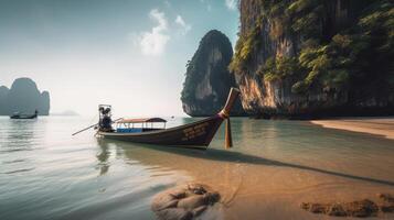 thai traditionell trä- lång svans båt. illustration ai generativ foto