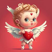 generativ ai förtjusande bebis cupid skön porträtt, full kropp hand innehav en rosett och pil, tecknad serie stil karaktär. kärlek och valentine begrepp. foto