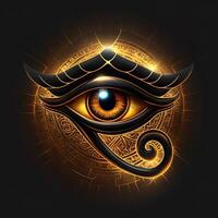 generativ ai de gyllene öga av horus med gyllene effekt på svart bakgrund, representation av de sol- öga eller de öga av ra, symbol av de gammal egyptisk Gud av de Sol foto