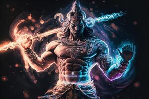 generativ ai hindu Gud shiva, färgrik indisk hindu Gud shiva hand innehav treudd. Gud shiva episk utgör med trishula, magi i hand för t-shirt skriva ut, affisch - hindu religiös konst. foto