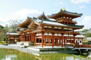 perspektiv se av byodoin japansk buddist tempel hall på ljus blå himmel med moln. byodoin tempel är de ett av sjutton japansk värld arv från unesco. belägen på uji, Kyoto, japan. foto