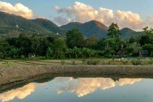 en fält i pai, thailand med bergen och moln i de distans foto