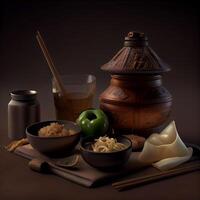 kinesisk soppa i lera pott med ätpinnar. 3d framställa., ai generativ bild foto