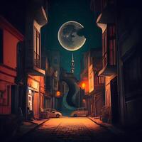 natt stad gata med måne och stjärnor, 3d tolkning. dator digital teckning., ai generativ bild foto