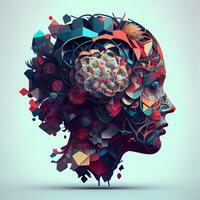 3d illustration av abstrakt mänsklig huvud tillverkad av färgrik geometrisk former., ai generativ bild foto