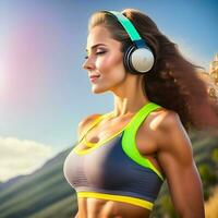 ung kvinna joger är körning och lyssnande till musik under de spring, ai generator foto