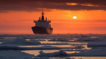 skön solnedgång med isbrytande fartyg i arktiska, generativ ai foto