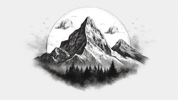 berg räckvidd svart och vit, penna illustration av genererad ai berg räckvidd svart och vit, penna foto