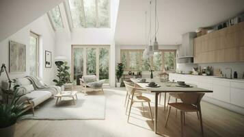 interiör design, en perspektiv av en levande rum och en kök med ett ö, stor fönster med naturlig ljus, modern möbel, takfönster, modern minimalistisk design, generera ai foto