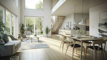 interiör design, en perspektiv av en levande rum och en kök med ett ö, stor fönster med naturlig ljus, modern möbel, takfönster, modern minimalistisk design, generera ai foto