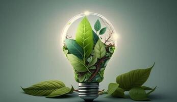 eco vänlig glödlampa från färsk löv topp tävla, begrepp av förnybar energi och hållbar levande, skapas med generativ ai teknologi foto