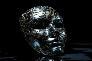 ventetian mask på en reflekterande yta hög kontrast bild venetian karneval mask tapet st. ai genererad foto