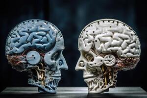 mock-up av en robotens mänsklig huvud med en veckliknande mänsklig hjärna, generativ ai. foto