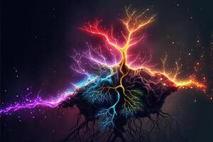 neuroner, synapser, ljus färger, blixt- bultar, stjärnor, edin färger, stänk element. hjärna neuroner och elektrisk signaler, förgrening dendriter, begrepp. generativ ai foto