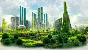 spektakulär eko-futuristisk stadsbild full med grönska, skyskrapor, parker, och Övrig konstgjorda grön utrymmen i urban område. grön trädgård i modern stad. foto