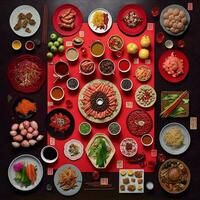 topp se av tabell middag kinesiska. knolling fotografi av kinesisk middag ny år , vibrerande. vietnamese traditionell måltid i Land sida. platt lägga. foto