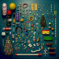 uppsättning realistisk jul objekt design, tall grenar, tall kon, dekorativ snöflinga, xmas boll och konfetti, klockor, och gammal Kolla på, knolling fotografi av jul leveranser , vibrerande. platt lägga foto