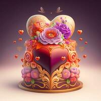 perfekt hjärta kaka för alla hjärtans dag, Instagram Foto, full dekorationer för valentines dag, symmetrisk, hjärtan, moln, blommor och fjäril. valentine hälsning kort foto