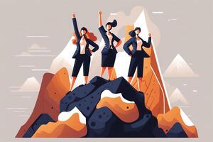 generativ ai affärskvinna stående på topp av en berg i seger poserar.affärer Framgång begrepp. Framgång i liv begrepp, med företag person fira på topp av berg foto