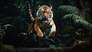 majestätisk tiger i hoppa. generativ ai foto