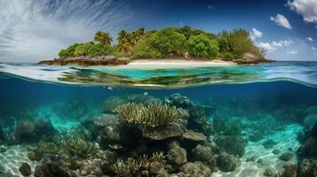 tropisk ö och korall rev - dela se med vattenlinje, generativ ai foto
