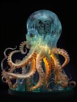 en i hög grad detaljerad genomskinlig bläckfisk humanoid lysande från inom, bioluminescerande nakensnäckan hud, 3d illustration, generativ ai foto