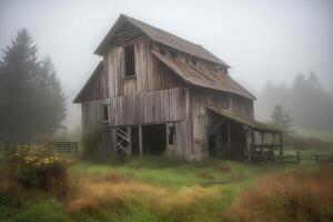 ett gammal övergiven ladugård i de dimmig regn av de landsbygden av de pacific nordväst. ai genererad foto