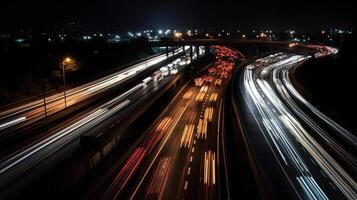 trafik på ett motorväg över passera eller planskild korsning med suddig rörelse huvud lampor, generativ ai foto