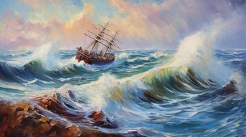 impressionist målning, hav, fartyg, storm, stor Vinka illustration ai generativ foto