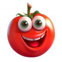 generativ ai innehåll, tecknad serie frukt karaktär, glad tomat, med ansikte och ögon isolerat på vit bakgrund. frukt serier. foto