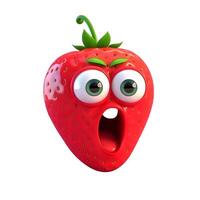 generativ ai innehåll, tecknad serie frukt karaktär, förvånad jordgubbe, med ansikte och ögon isolerat på vit bakgrund. frukt serier. foto