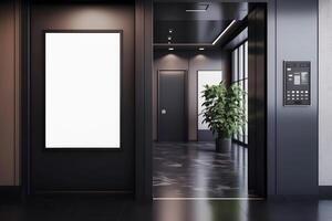 generativ ai innehåll, kontor korridor med hissar. mockup, informativa elektronisk styrelse foto