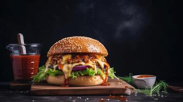 utsökt burger glädje. saftig pastej, smält ost, och knaprig grönsaker på en mörk bakgrund. perfekt tillfredsställande. generativ ai foto