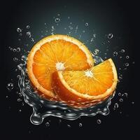 ai generativ en skiva av orange är varelse pressas in i en flytande stänk. foto