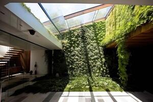 levande väggar, tak trädgårdar, solrum och utrymmen den där övergång från interiör till exteriör. generativ ai foto