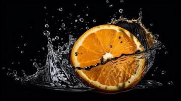 ai generativ en skiva av orange är varelse pressas in i en flytande stänk foto