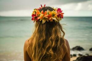 tillbaka se kvinna hawaii strand flicka. generera ai foto