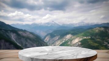 marmor yta tabell bordsskiva med berg etablering för sak visa dyka upp. kreativ resurs, ai genererad foto