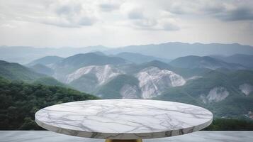 marmor yta tabell bordsskiva med berg etablering för sak visa dyka upp. kreativ resurs, ai genererad foto