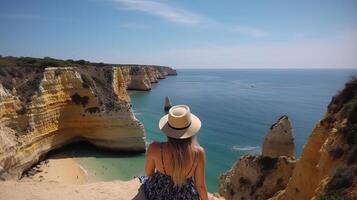 besök turism i Portugal, atlanten hav och desorienterande tropisk strandlinje. kreativ resurs, ai genererad foto